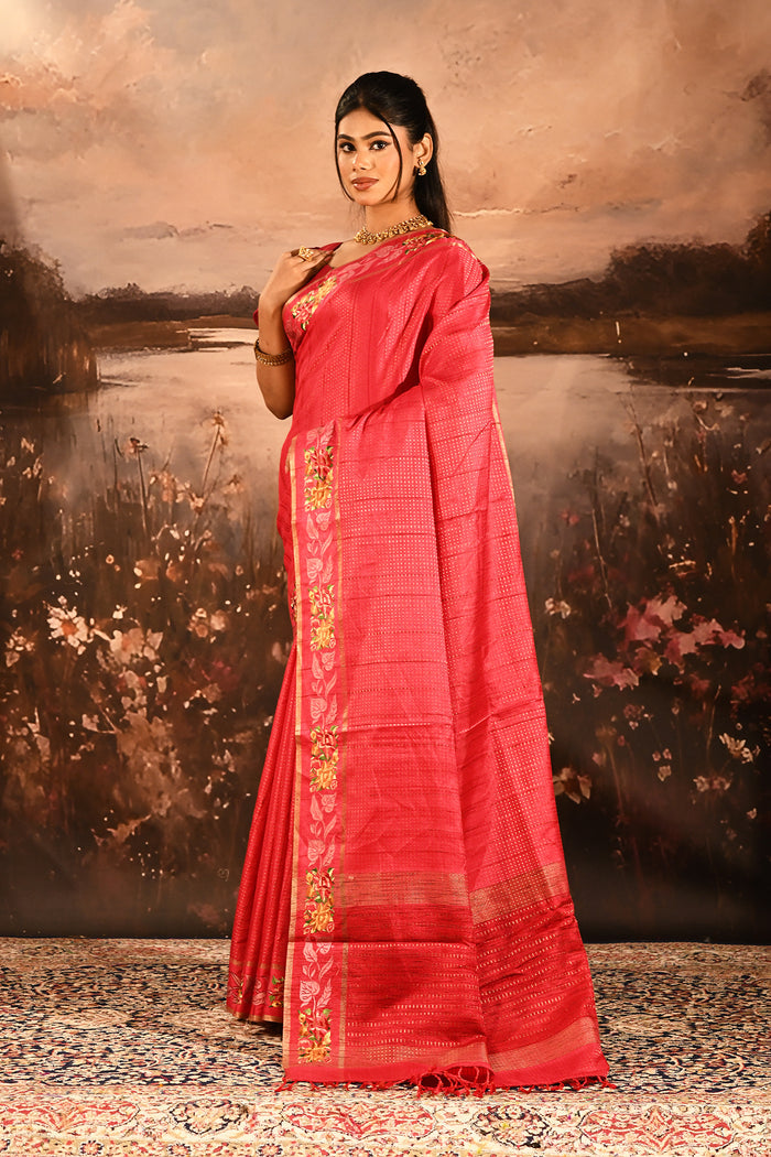Coral Red Dotted Weave With Rose And Leaf Motif Border Designer Saree