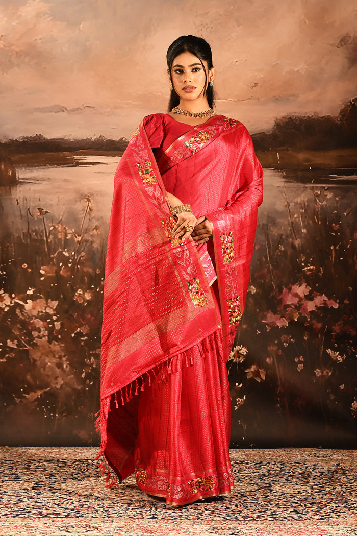 Coral Red Dotted Weave With Rose And Leaf Motif Border Designer Saree