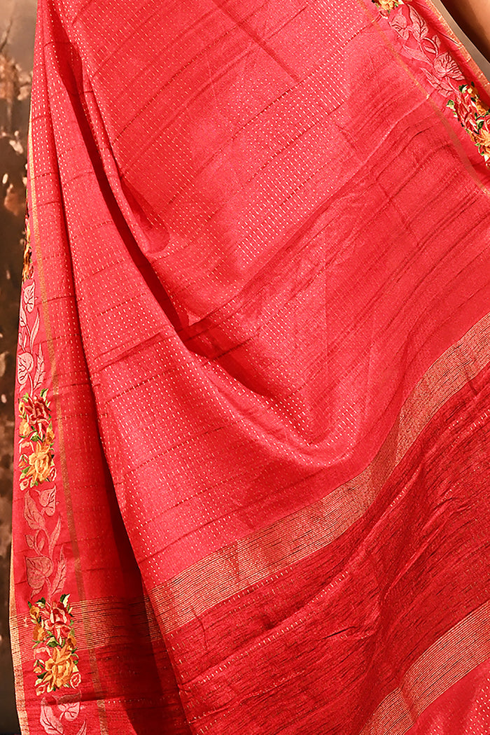 Coral Red Dotted Weave With Rose And Leaf Motif Border Designer Saree