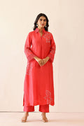 <img> Coral Red Russian Silk Embroidered Kurti Set
