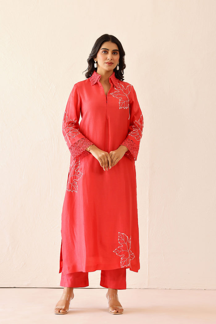 <img> Coral Red Russian Silk Embroidered Kurti Set
