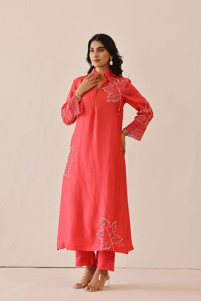 <img> Coral Red Russian Silk Embroidered Kurti Set