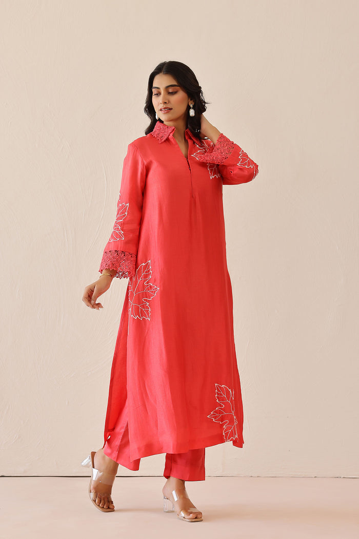 <img> Coral Red Russian Silk Embroidered Kurti Set