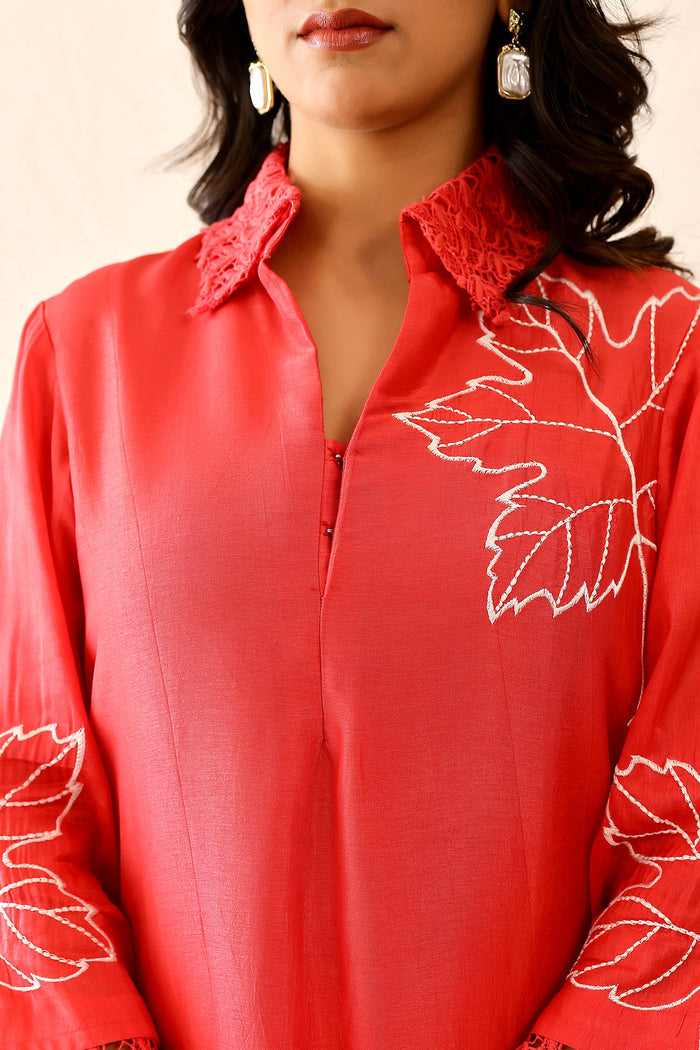 <img> Coral Red Russian Silk Embroidered Kurti Set