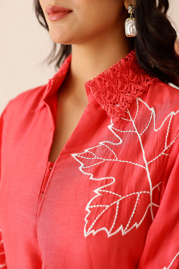 <img> Coral Red Russian Silk Embroidered Kurti Set