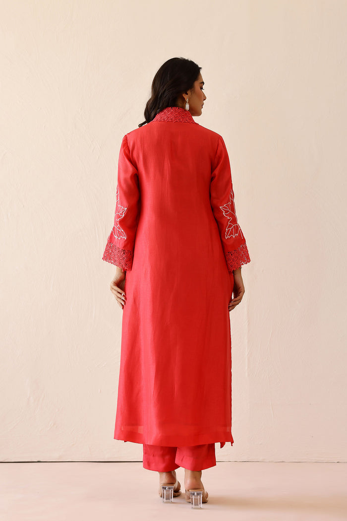<img> Coral Red Russian Silk Embroidered Kurti Set
