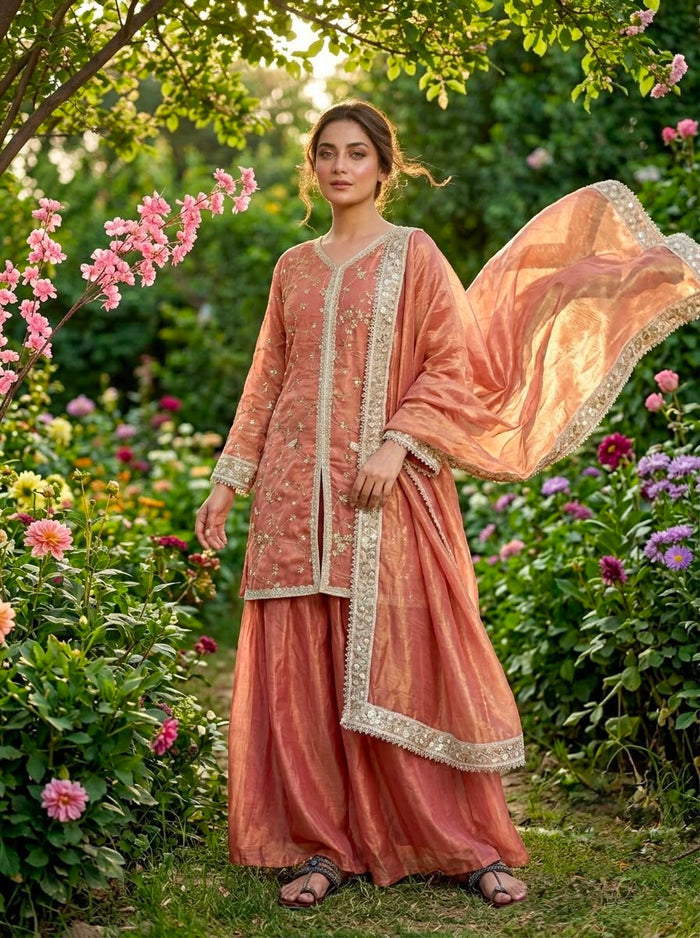 Coral Silk Kurti With Scattered Floral Embroidery