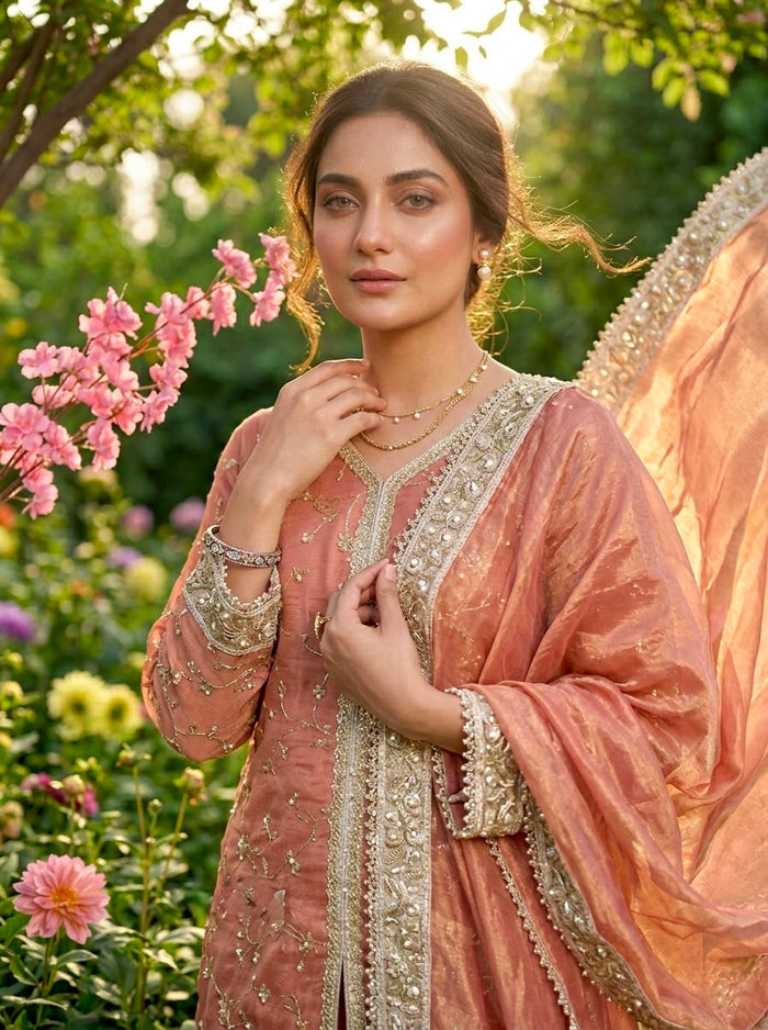 Coral Silk Kurti With Scattered Floral Embroidery