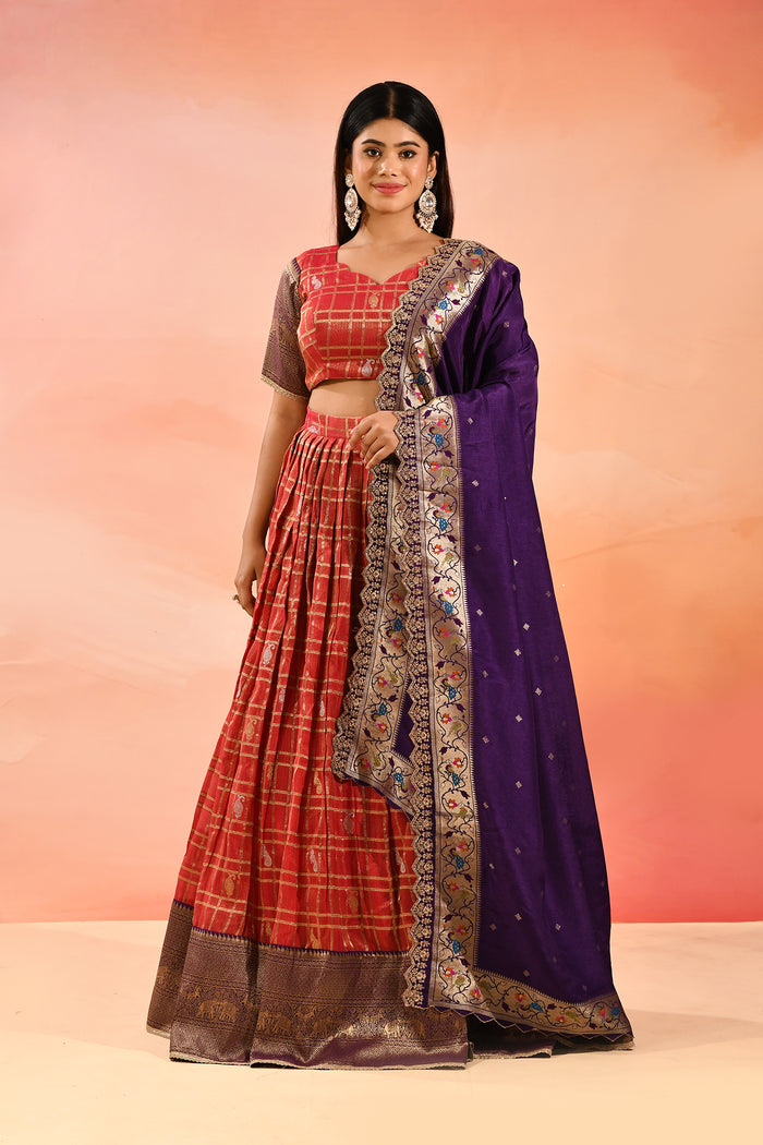 Coral With Purple Floral Meenakari Border Dupatta Banarasi Silk Lehenga