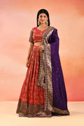 Coral With Purple Floral Meenakari Border Dupatta Banarasi Silk Lehenga
