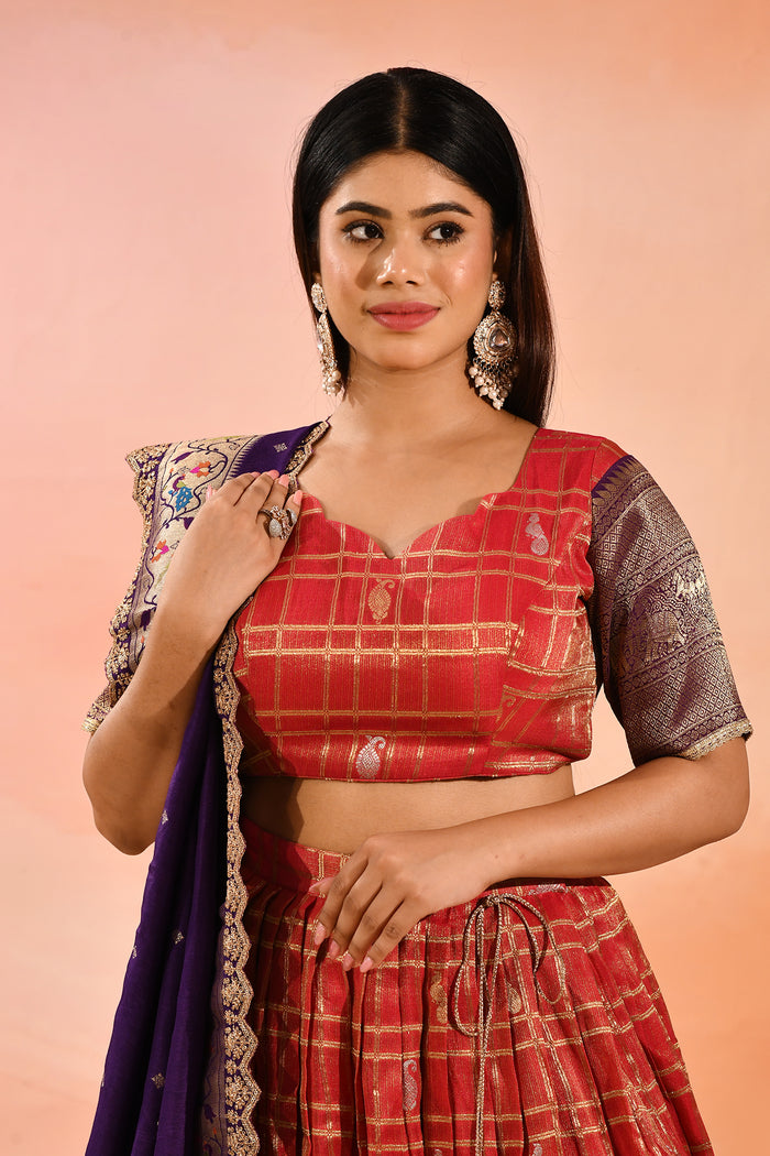 Coral With Purple Floral Meenakari Border Dupatta Banarasi Silk Lehenga