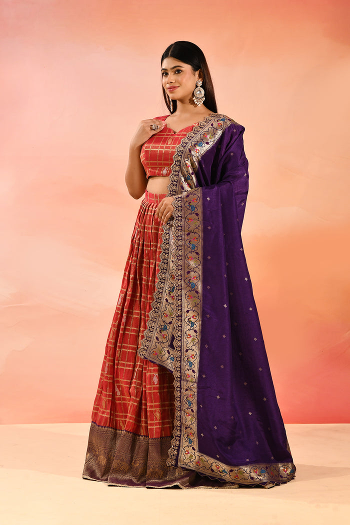 Coral With Purple Floral Meenakari Border Dupatta Banarasi Silk Lehenga