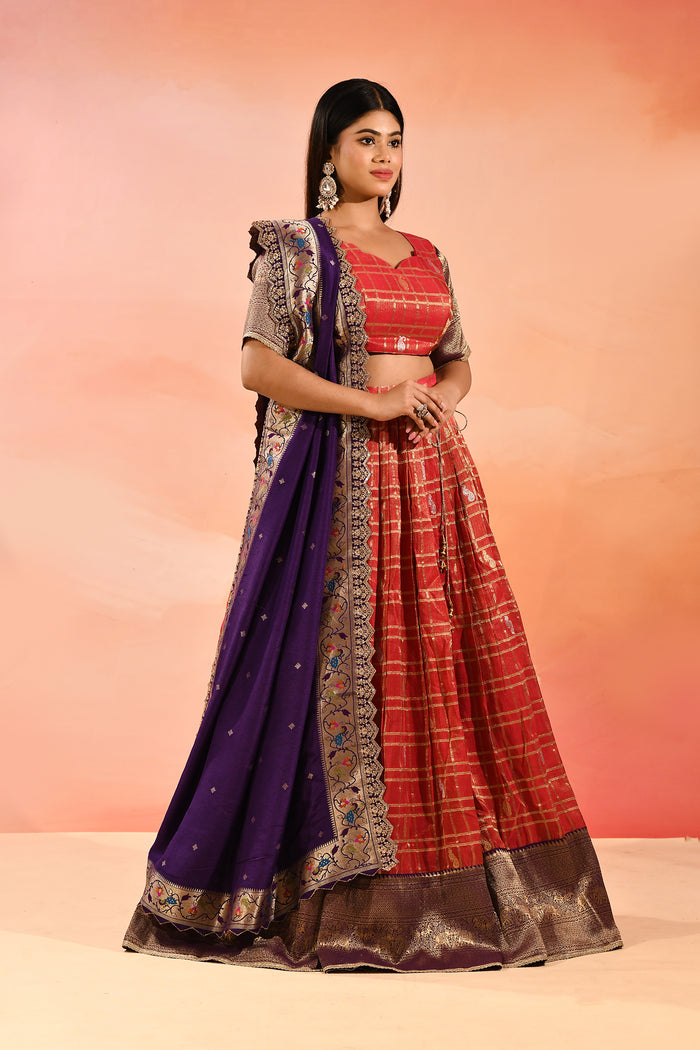 Coral With Purple Floral Meenakari Border Dupatta Banarasi Silk Lehenga