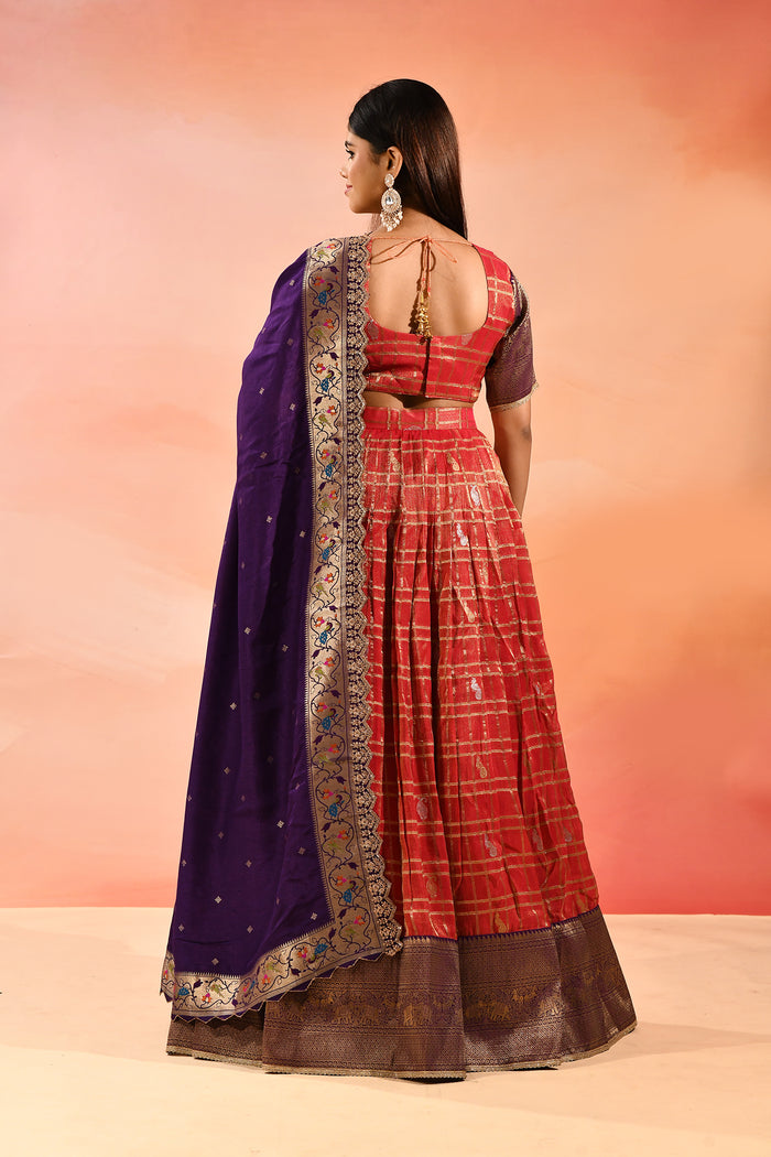 Coral With Purple Floral Meenakari Border Dupatta Banarasi Silk Lehenga