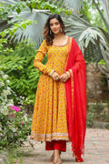 <img> Corn Yellow French Crepe Printed Anarkali Set