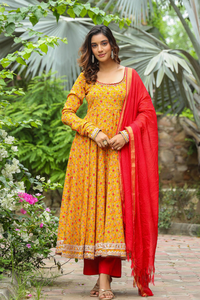 <img> Corn Yellow French Crepe Printed Anarkali Set