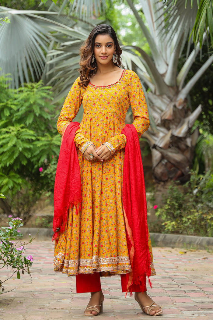 <img> Corn Yellow French Crepe Printed Anarkali Set