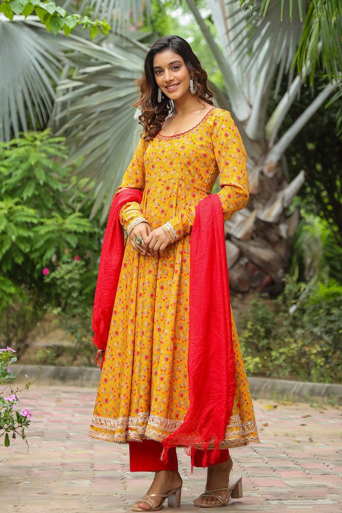 <img> Corn Yellow French Crepe Printed Anarkali Set