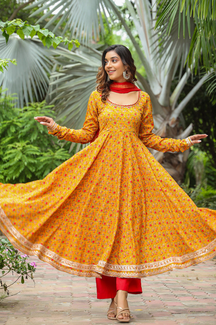 <img> Corn Yellow French Crepe Printed Anarkali Set