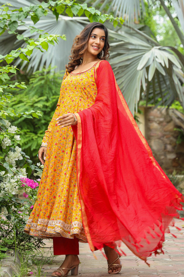 <img> Corn Yellow French Crepe Printed Anarkali Set