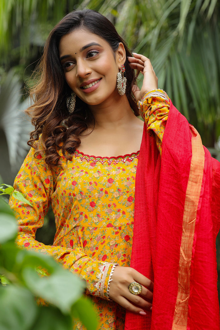<img> Corn Yellow French Crepe Printed Anarkali Set