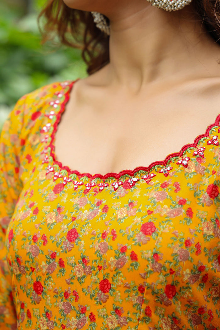 <img> Corn Yellow French Crepe Printed Anarkali Set