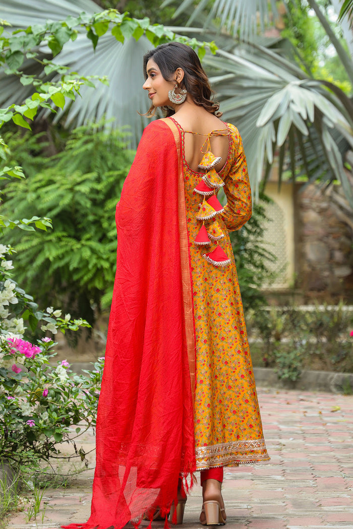 <img> Corn Yellow French Crepe Printed Anarkali Set