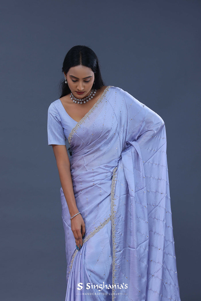 <img> Blue Satin Saree With Scallop Border