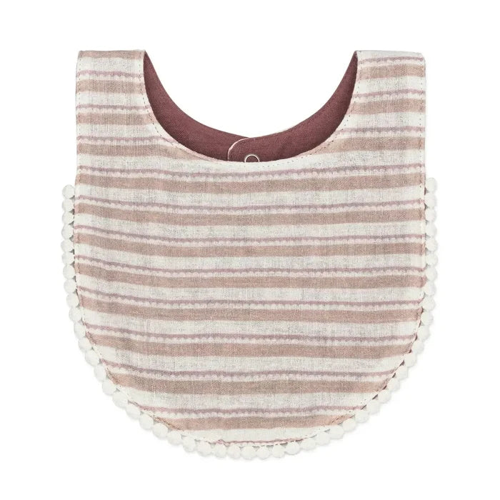 Striped bib with a brown trim on a white background