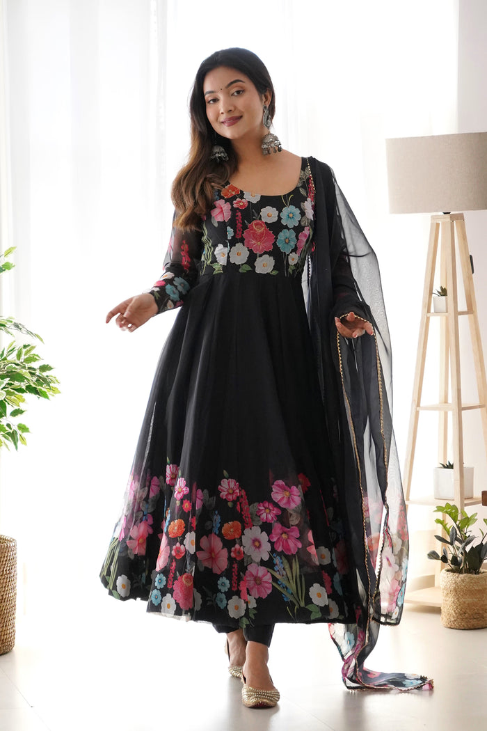Crayon Black Organza Floral Printed Anarkali Set