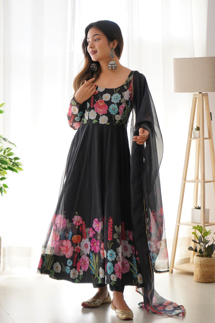 Crayon Black Organza Floral Printed Anarkali Set