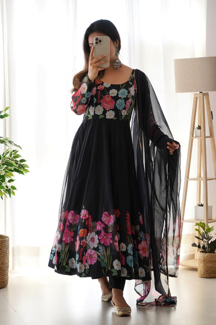 Crayon Black Organza Floral Printed Anarkali Set