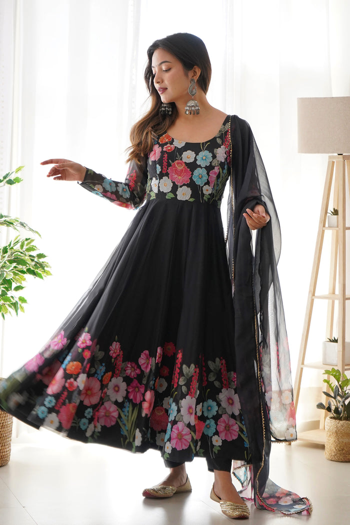 Crayon Black Organza Floral Printed Anarkali Set