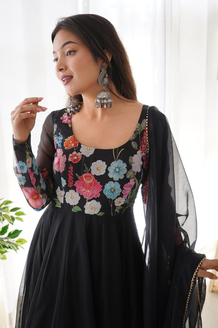 Crayon Black Organza Floral Printed Anarkali Set