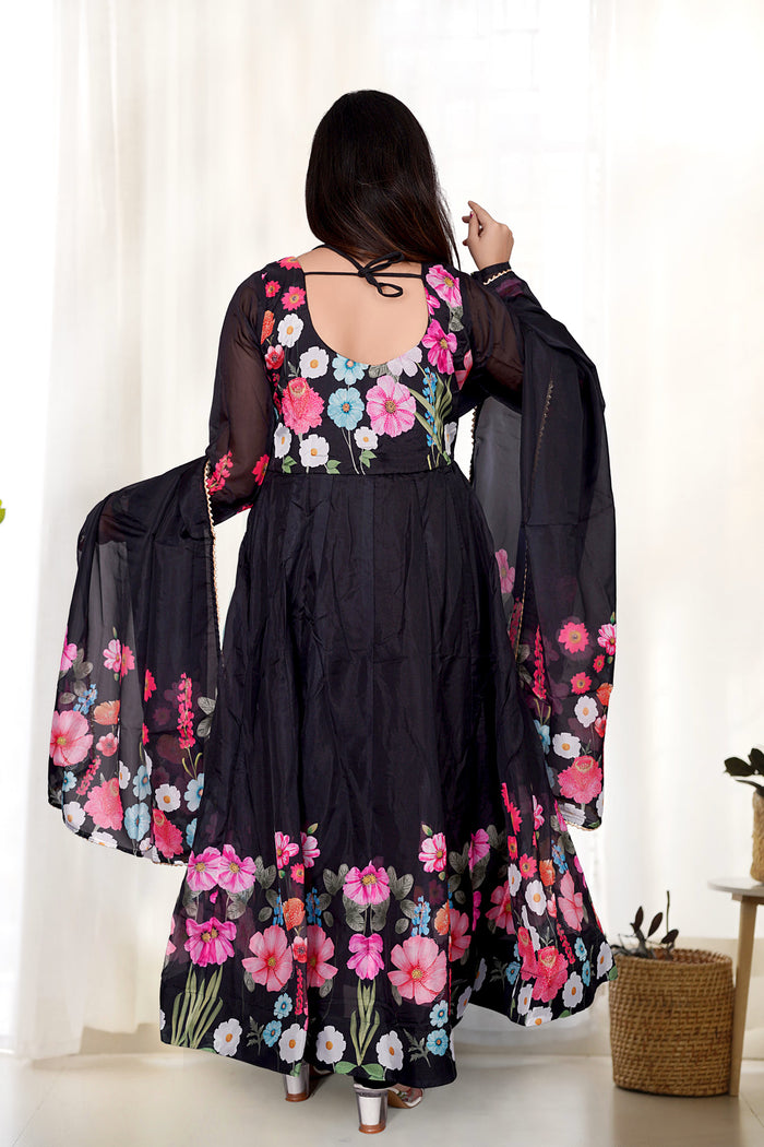 Crayon Black Organza Floral Printed Anarkali Set
