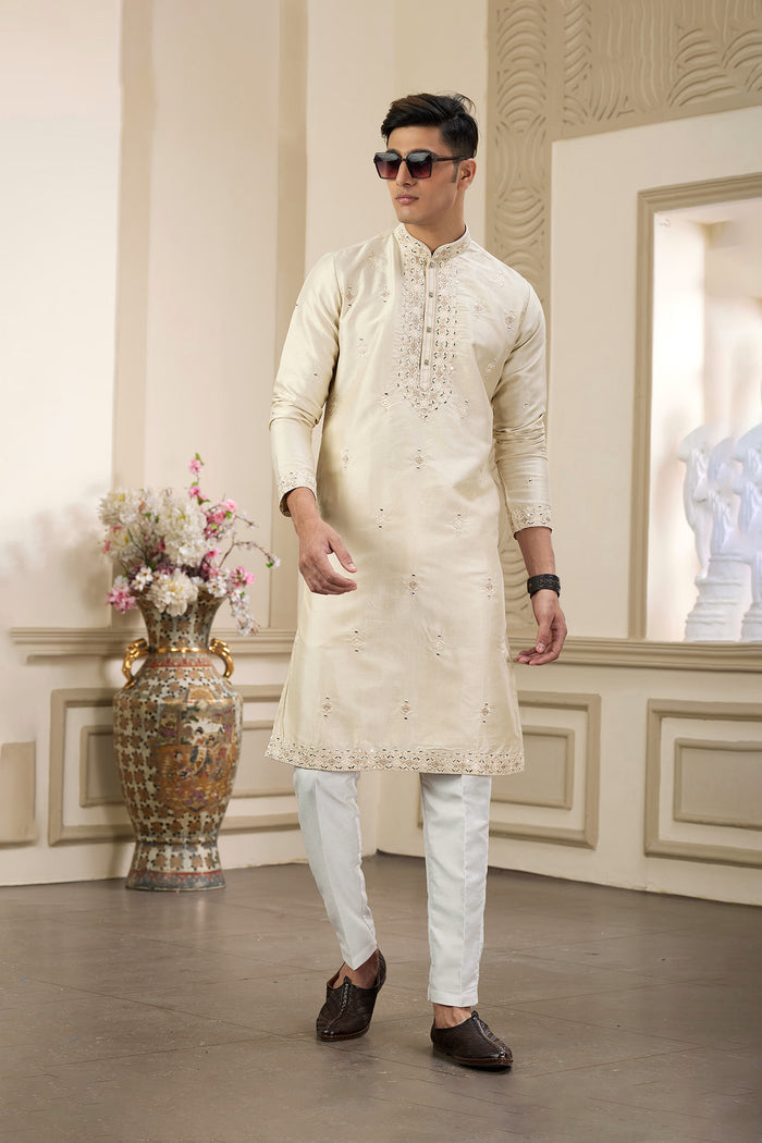 Cream Art Banarasi Silk Kurta Pajama