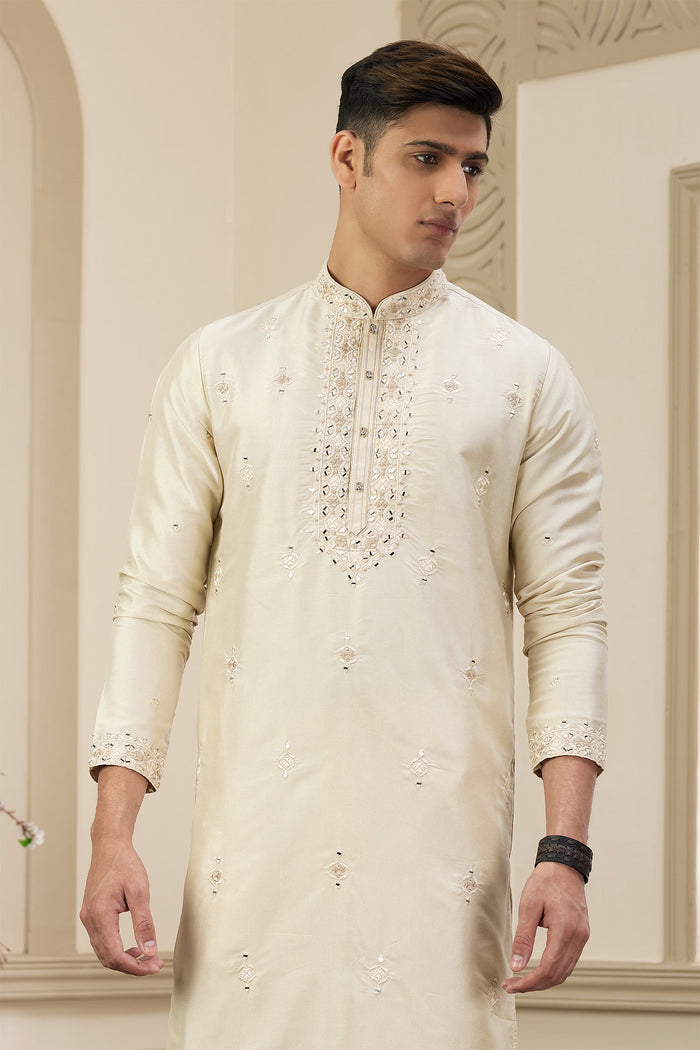 Cream Art Banarasi Silk Kurta Pajama