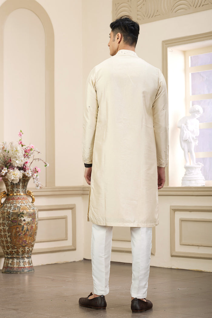 Cream Art Banarasi Silk Kurta Pajama