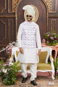 Cream Art Banarasi Silk Kurta Set With Digital Printed Jacket
