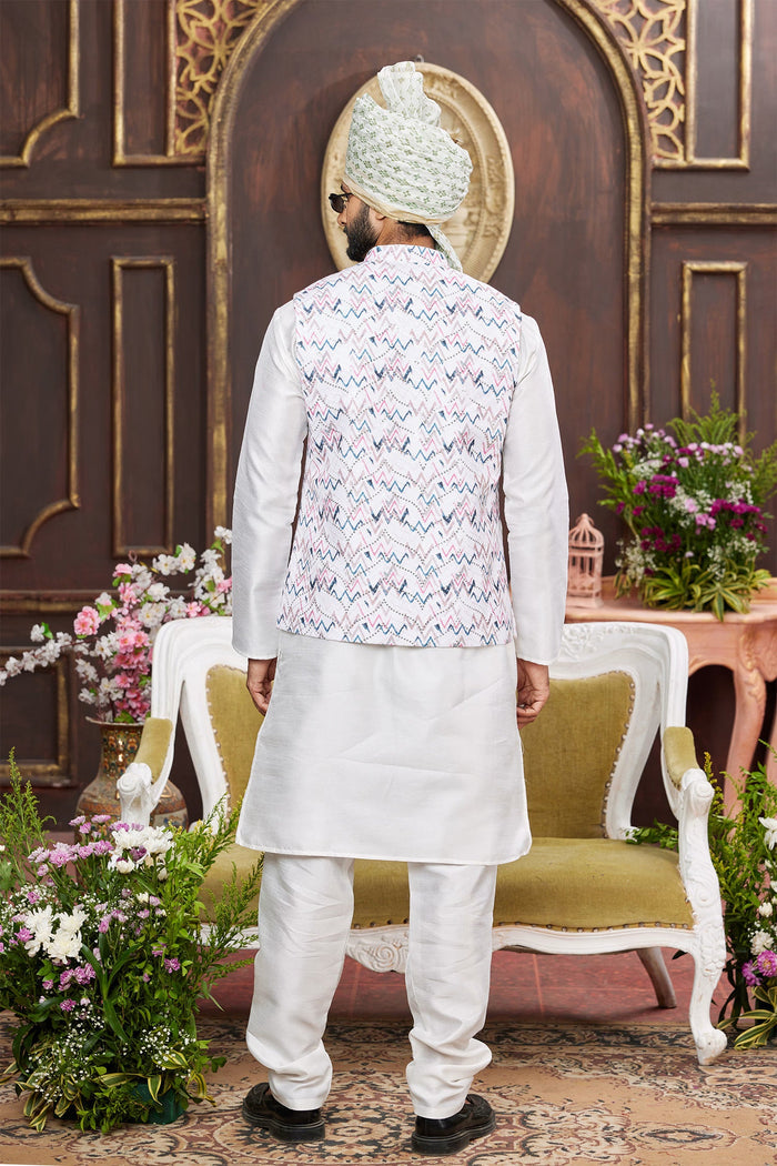 Cream Art Banarasi Silk Kurta Set With Digital Printed Jacket