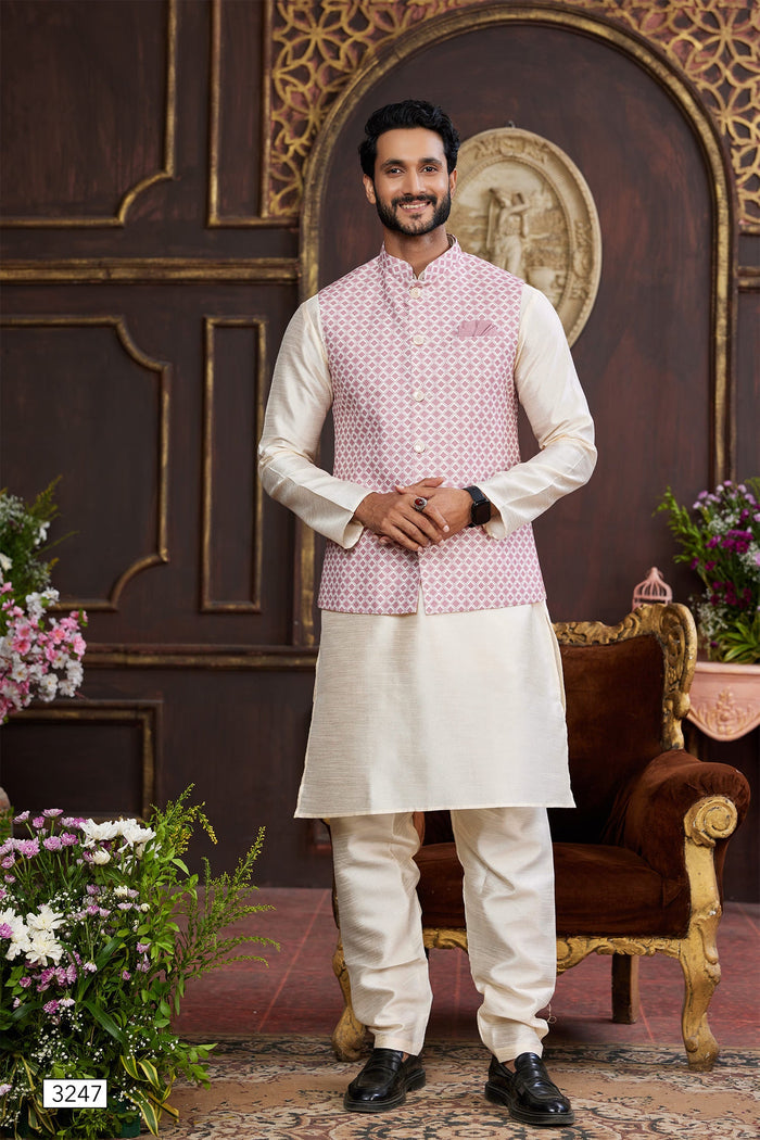 Cream Art Banarasi Silk Kurta Set With Jacket