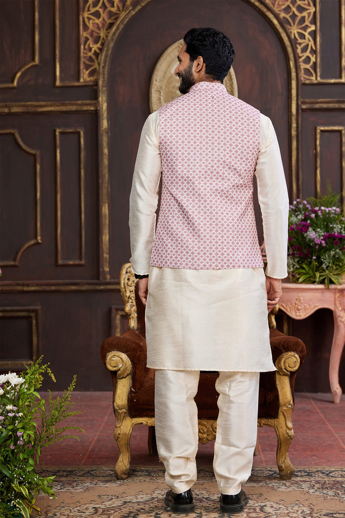 Cream Art Banarasi Silk Kurta Set With Jacket