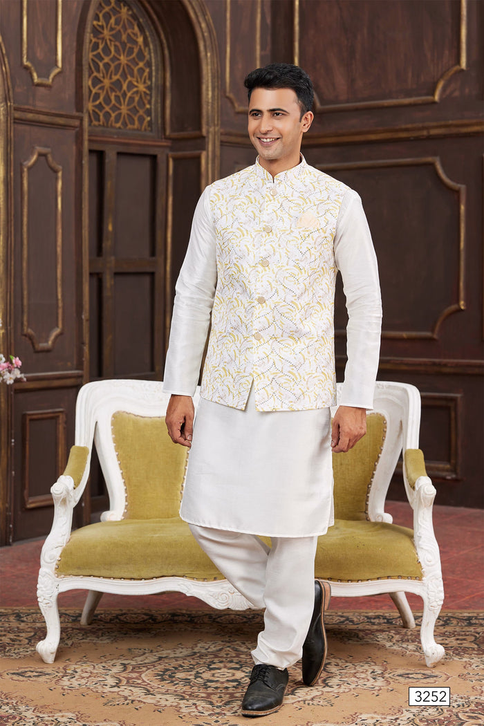 Cream Art Banarasi Silk Kurta Set With Yellow Jacket