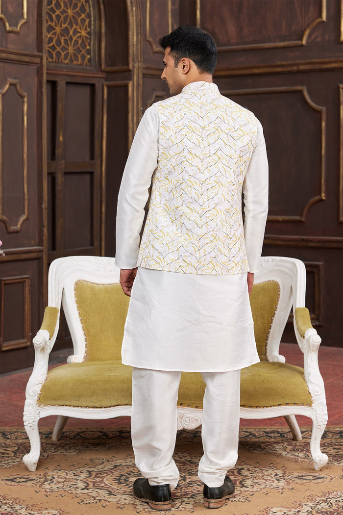 Cream Art Banarasi Silk Kurta Set With Yellow Jacket