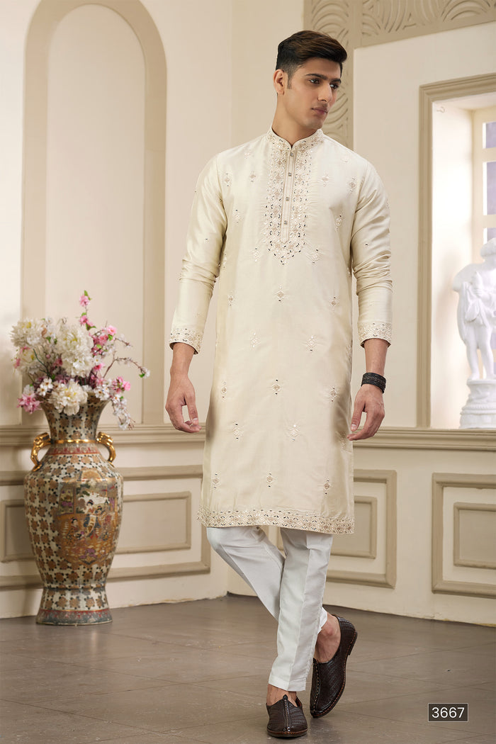 Cream Art Banarasi Silk Kurta