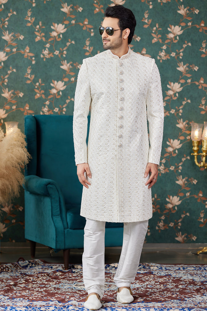 Cream Art Silk Sherwani Set