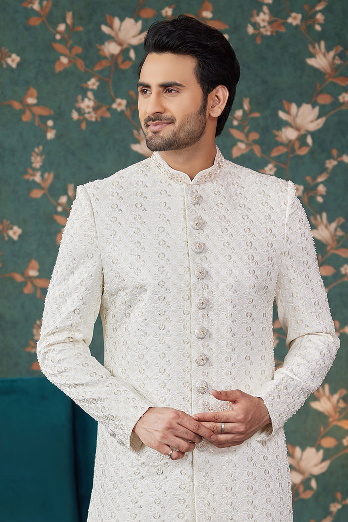 Cream Art Silk Sherwani Set