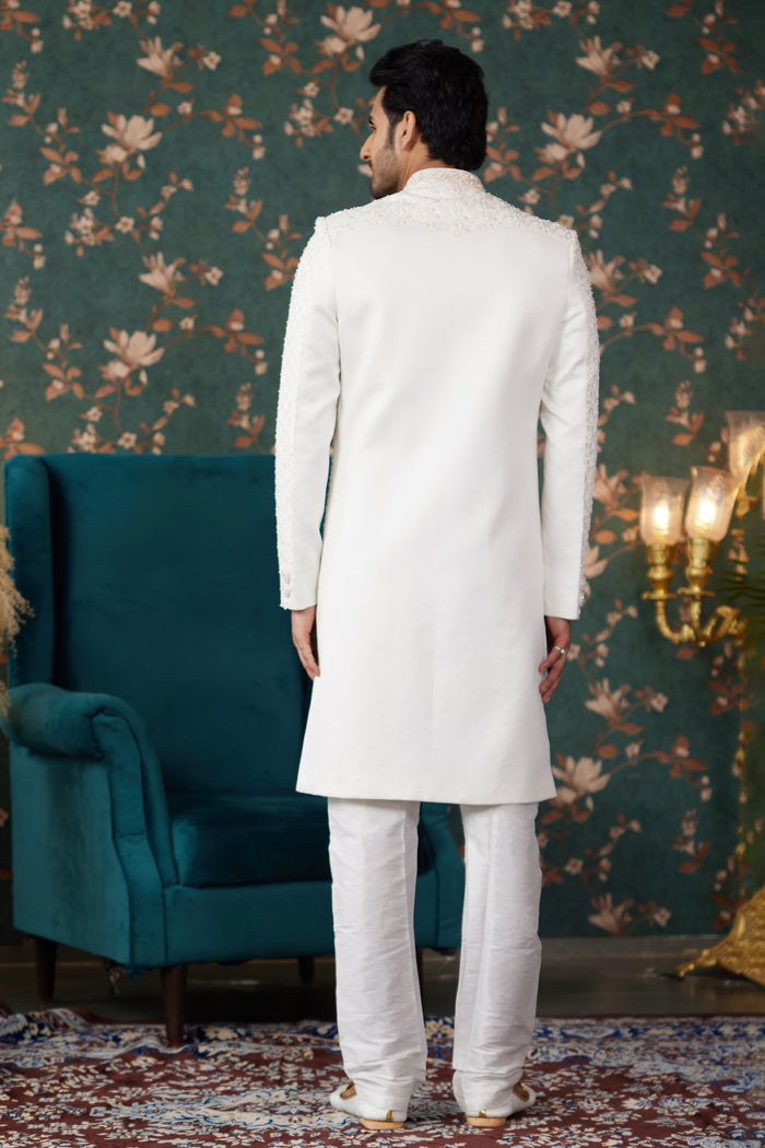Cream Art Silk Sherwani Set