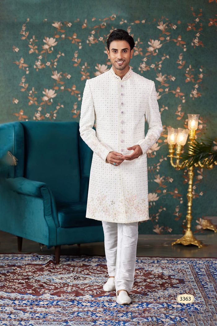 Cream Art Silk Two Piece Sherwani Set