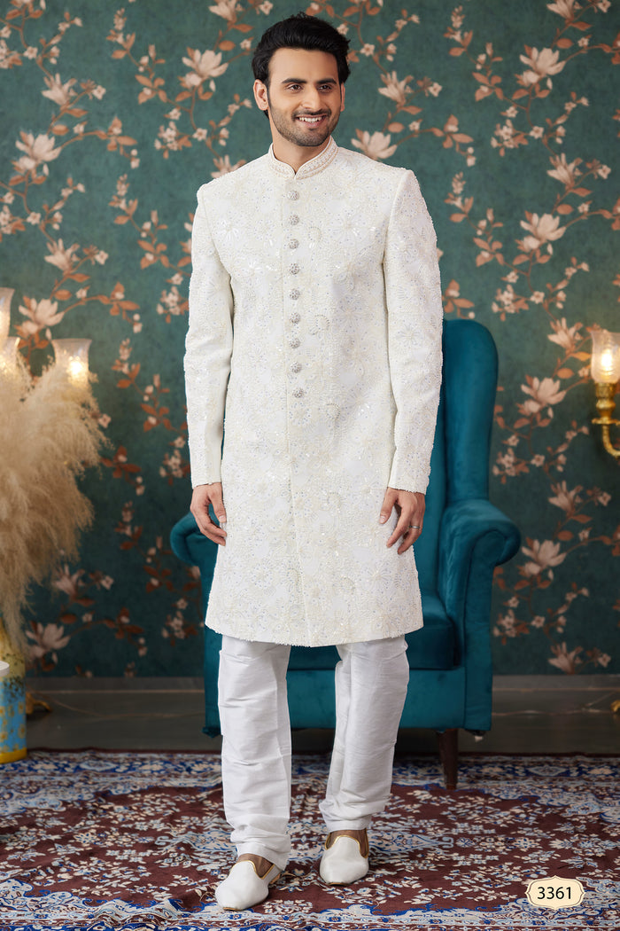 Cream Art Silk Two Piece Sherwani Set